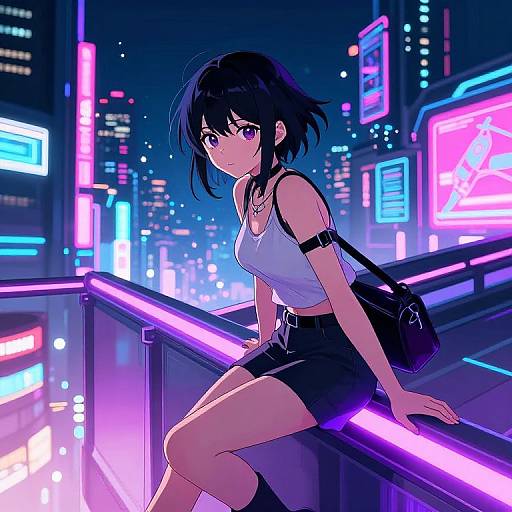 Cyberpunk Anime Girl Overlooking City