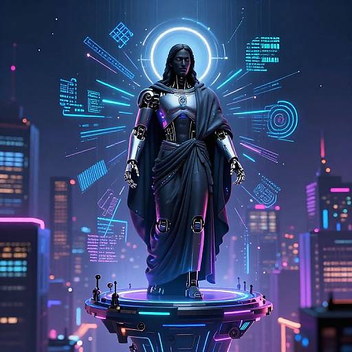 Digital artwork of a cybernetic Jesus statue with glowing blue halo, standing on a futuristic platform amidst neon-lit cityscape.