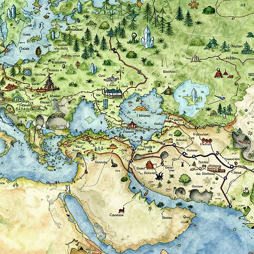 Detailed, colorful map drawing of a fantasy world with forests, lakes, castles, villages, and various landmarks, labeled with whimsical illustrations.