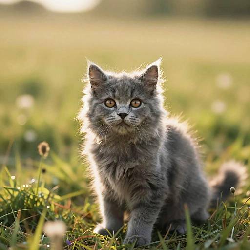 Gray Persian Kitten in Sunny Meadow