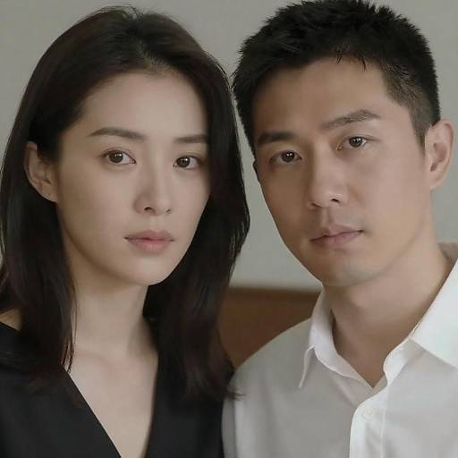 Photograph of an Asian couple with fair skin, black hair, and serious expressions. Woman in black top, man in white shirt.