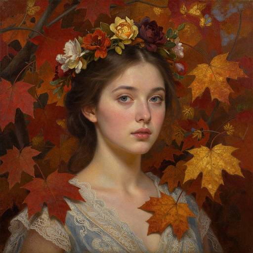 Digital painting of a young woman with fair skin and brown hair, wearing a floral crown, lace dress, surrounded by autumn leaves.
