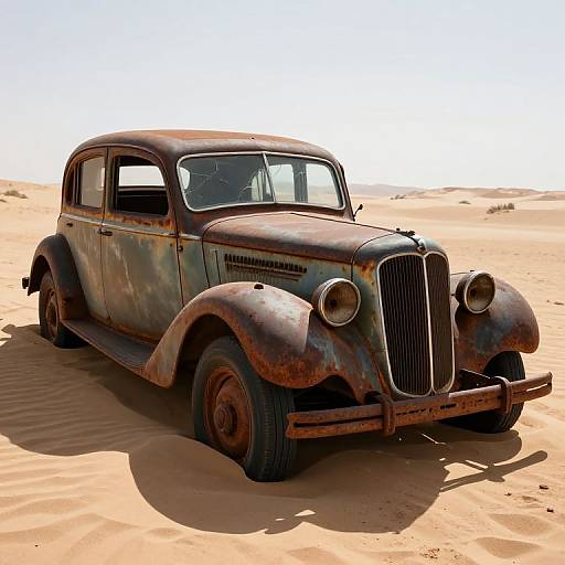 Rusted vintage car with rounded fenders and large headlights, abandoned in a sunlit desert with golden sand dunes.