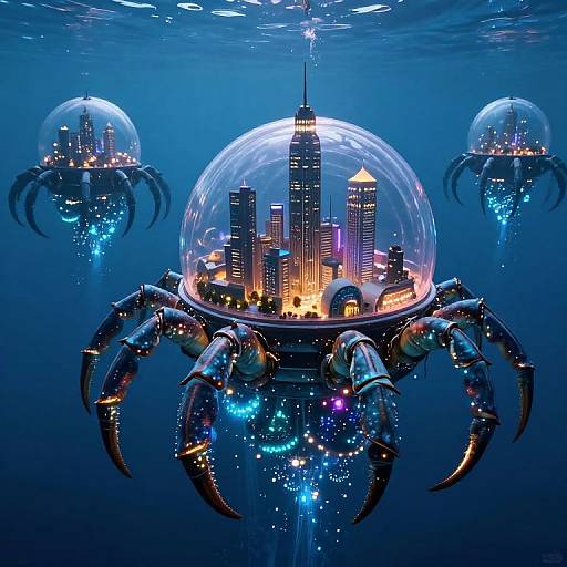 Digital art: Three glowing, crab-like underwater creatures with transparent domes housing illuminated, futuristic cityscapes floating in a dark blue ocean.