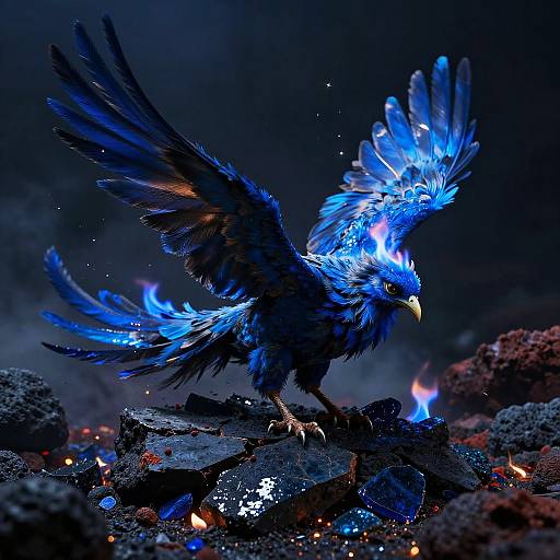 Cerulean Phoenix Amid Volcanic Glass