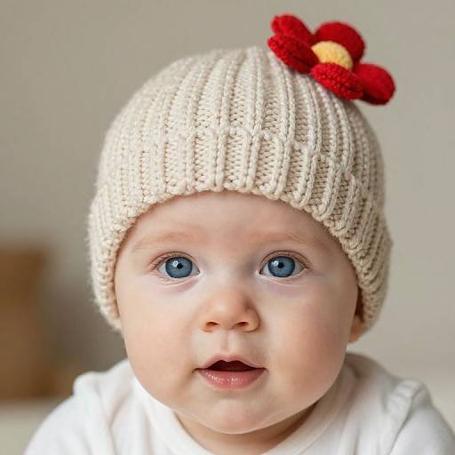 Photograph of a baby with bright blue eyes, wearing a cream knitted hat with a red flower, and a white shirt.