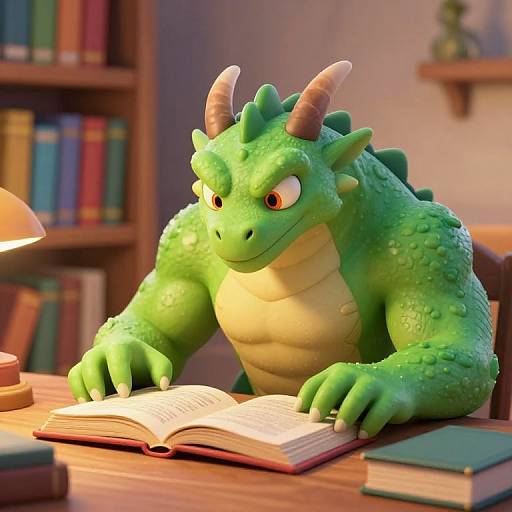 CGI image of a green, muscular dragon with horns, reading an open book at a wooden desk in a cozy library.
