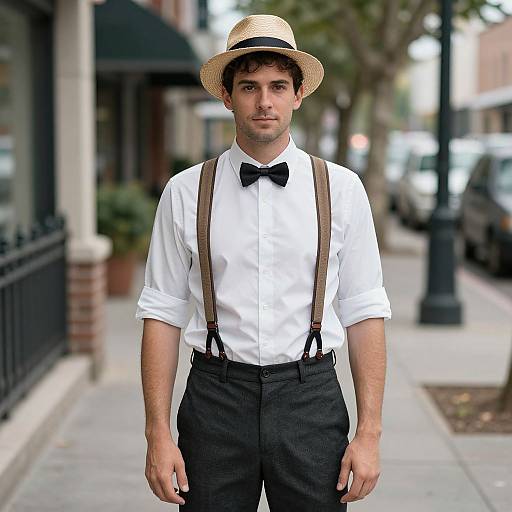 Photograph of a young man with curly brown hair, wearing a straw hat, white shirt, black bow tie, suspenders, and black pants,