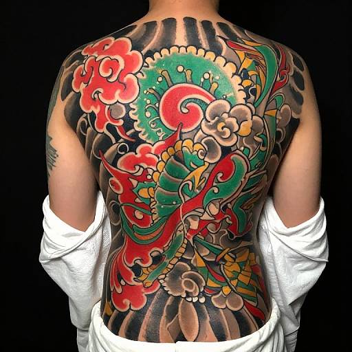 Photograph of a person's back, showcasing vibrant, intricate traditional Japanese-style tattoo with red, green, and yellow floral and wave patterns against dark skin
