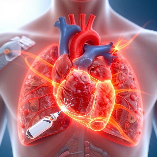 Digital illustration of a human chest showing a glowing, illuminated heart with red arteries, surrounded by a transparent, semi-transparent rib cage, and a syringe
