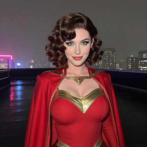 Photograph of a fair-skinned woman with curly brown hair, wearing a red Wonder Woman costume with gold accents, standing on a rooftop at night with