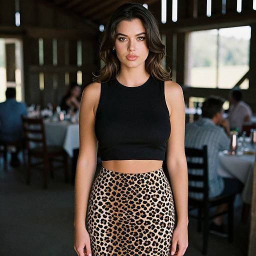 Photograph of a brunette woman with wavy hair, wearing a black sleeveless crop top and leopard-print skirt, standing confidently in a dimly lit