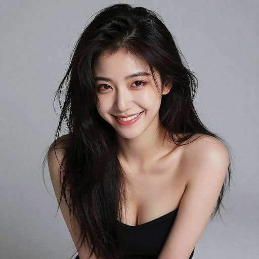 Portrait of Smiling Asian Woman with Long Black Hair