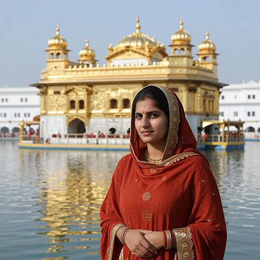 Photograph of a young Indian woman in a red and gold traditional outfit, standing in front of the golden Sikh temple, Harmandir Sahib,
