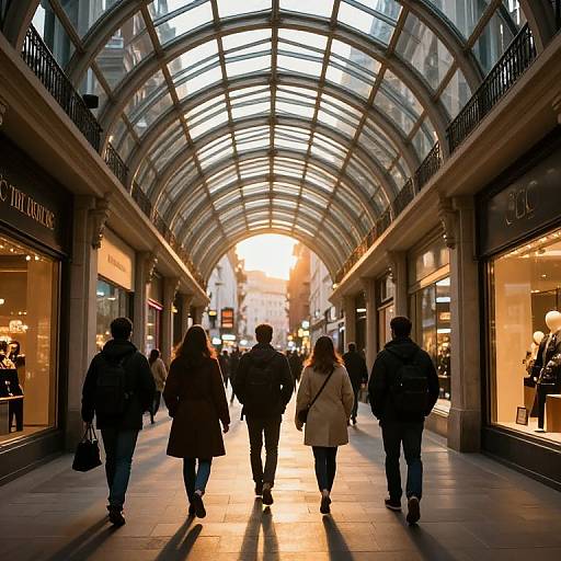 Photograph of a sunlit glass-roofed shopping arcade, people walking away, silhouetted against warm light, flanked by brightly lit