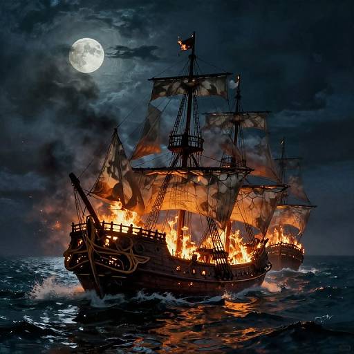 Photorealistic digital artwork of a burning pirate ship under a full moon, with fiery flames and dark, stormy ocean waters.