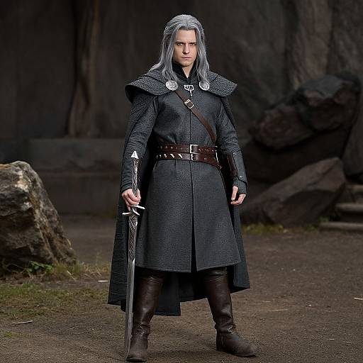 Photorealistic image of a silver-haired man in dark medieval attire, holding a sword, standing in a rocky, shadowy forest.