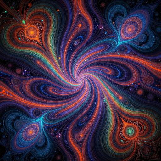 Vibrant digital art featuring swirling, colorful, peacock feather-like patterns in orange, blue, and green against a dark cosmic background with glowing stars