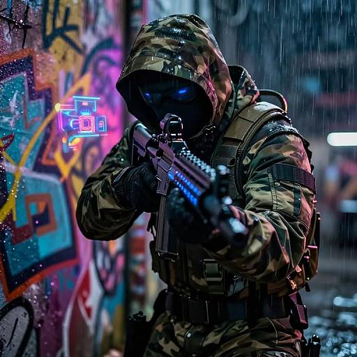 Gloomy, neon-lit urban alleyway; camo-clad soldier with gas mask, holding futuristic rifle, aiming, rain pouring down,