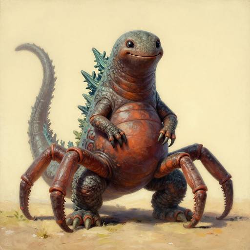 Digital artwork of a cute, chubby, reptilian creature with spider legs, dark green and red scales, and spines on its back.