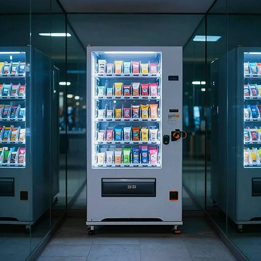 Photograph of a brightly lit vending machine with various colorful snack packets, set against a reflective glass wall in a modern indoor space.