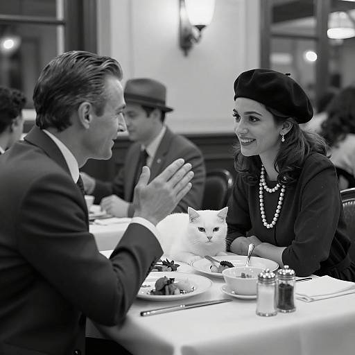 Vintage Dining Couple with Cat at Restaurant