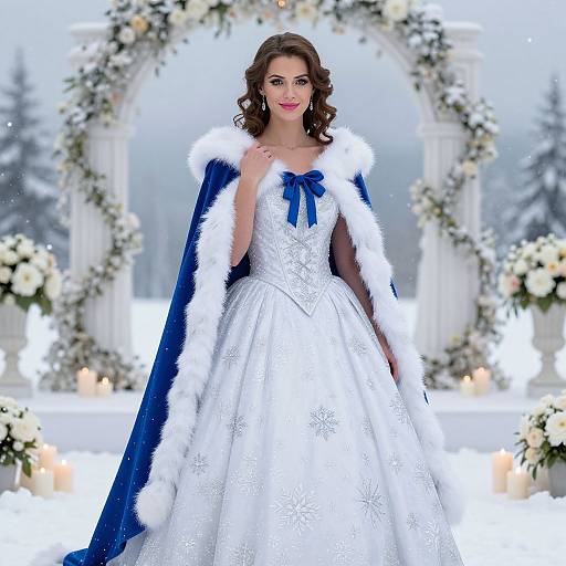 Photograph of a fair-skinned woman with curly brown hair in a white snowflake-patterned ball gown and blue fur-trimmed cape, standing