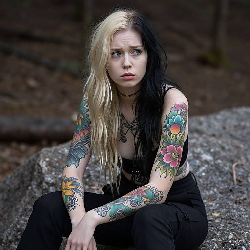 Photograph of a pale-skinned, blue-eyed woman with black-and-blonde hair, colorful sleeve tattoos, and black clothing, sitting on a