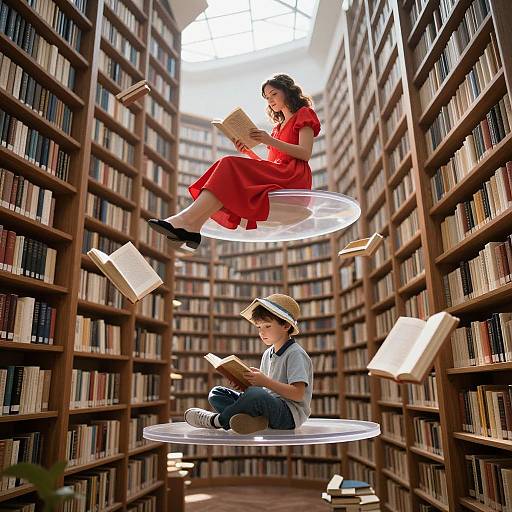 Photograph of a library with tall bookshelves, a girl in a red dress floating, and a boy in a straw hat sitting below, surrounded