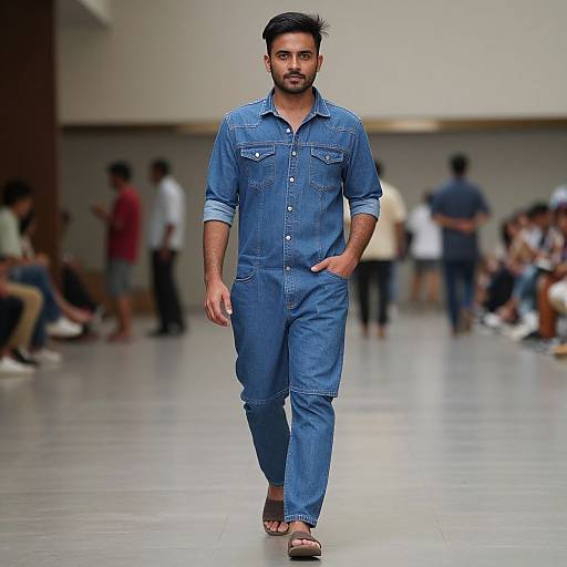 Photograph of a bearded man with short black hair, wearing a blue denim jumpsuit, brown sandals, and hands in pockets, walking down a