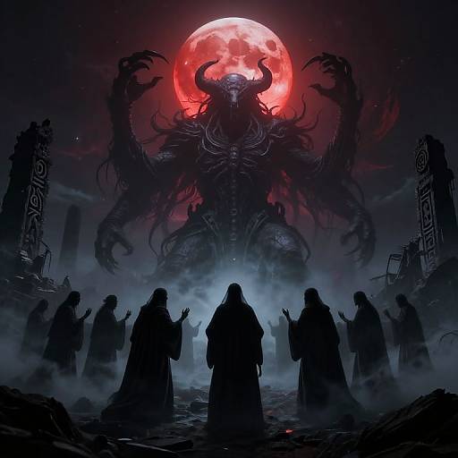Digital art: Silhouetted robed figures worship a towering, horned, demon-like creature with glowing red eyes and wings, beneath a blood