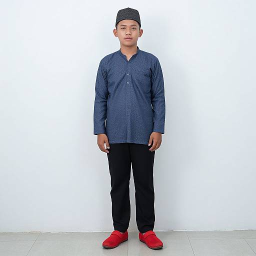 Photograph of a young man with medium brown skin, wearing a navy blue long-sleeve shirt, black pants, red shoes, and a dark