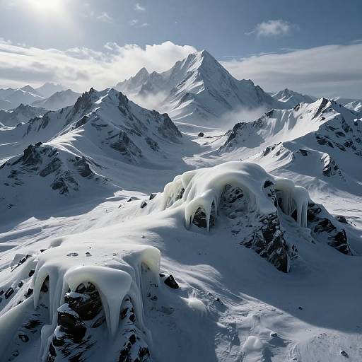Photograph of a sunlit, snow-covered mountain range with icy icicles hanging from rocky peaks, under a partly cloudy blue sky.