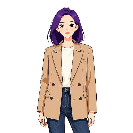 Digital anime-style drawing of a cute young woman with purple hair, wearing a beige blazer, white shirt, and blue jeans.