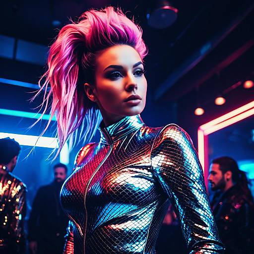 Avant-Garde Performer with Mermaid Hair in Neon Nightclub