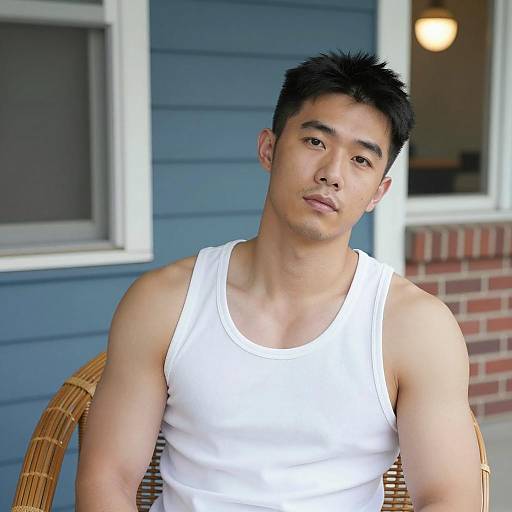 Asian Man Relaxing on Blue Porch