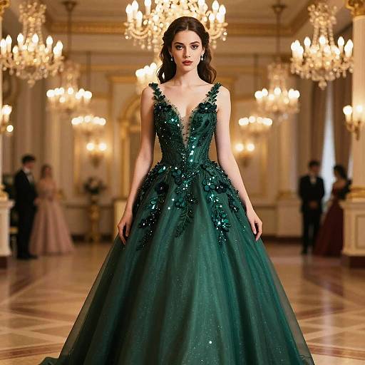 Elegant Woman in Emerald Ball Gown