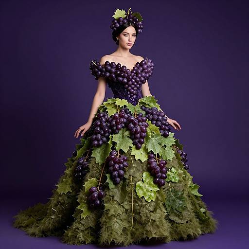 Photograph of a woman in an elaborate purple grape and green leaf ball gown, with a grape-adorned updo, against a dark blue backdrop