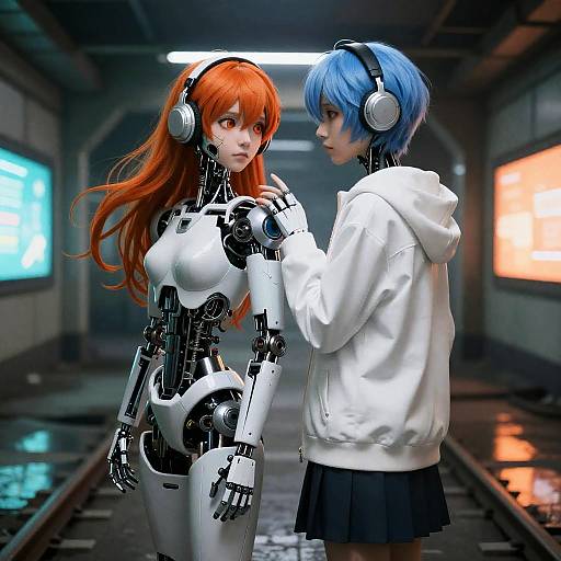 Digital art: Cybernetic red-haired woman with white bodysuit, large breasts, and blue-haired girl in white hoodie and black skirt, touching