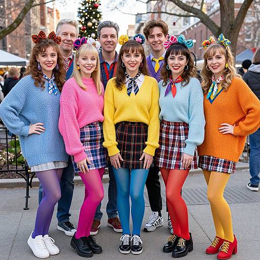 Photograph of seven smiling friends in colorful knit sweaters, plaid skirts, and vibrant tights, wearing festive headbands, standing outdoors.