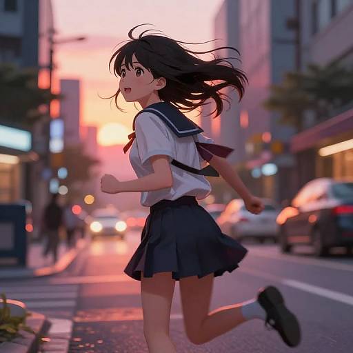 Anime Girl Running at Sunset