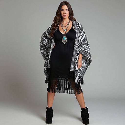 Photograph of a confident woman with long brown hair, wearing a black dress, silver patterned jacket, turquoise necklace, and black fringe skirt with ankle