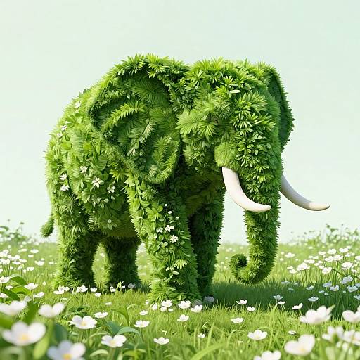 Photograph of a vibrant, green, leaf-covered elephant with white tusks standing in a sunlit field of white daisies.