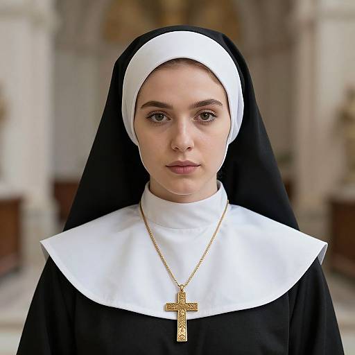 Photograph of a young Caucasian nun with fair skin, brown eyes, wearing a black and white habit, gold cross necklace, in a blurred church background