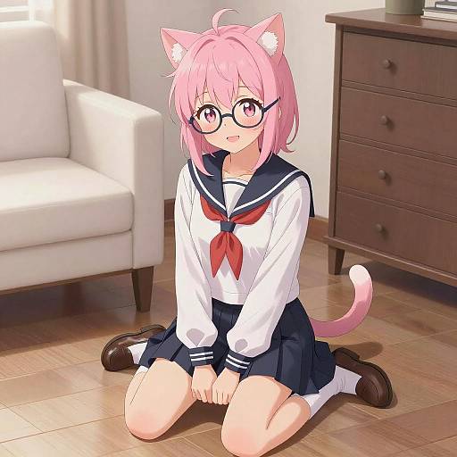 Pink-Haired Anime Catgirl in Sailor Uniform