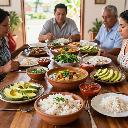 Photograph of four people at a wooden table enjoying a diverse, colorful Mexican meal with bowls of soup, rice, guacamole, and various sides