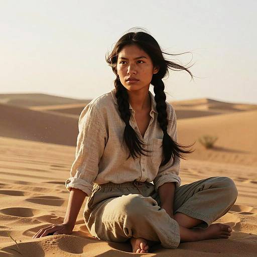 Photograph of a young Asian woman with long black braids, wearing a beige button-up shirt and loose pants, sitting in a sunlit desert with