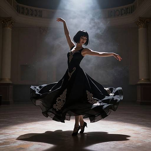 Photograph of a slender, dark-haired dancer in a black, floral-embroidered dress, mid-spin, under dramatic stage lighting, with smoke