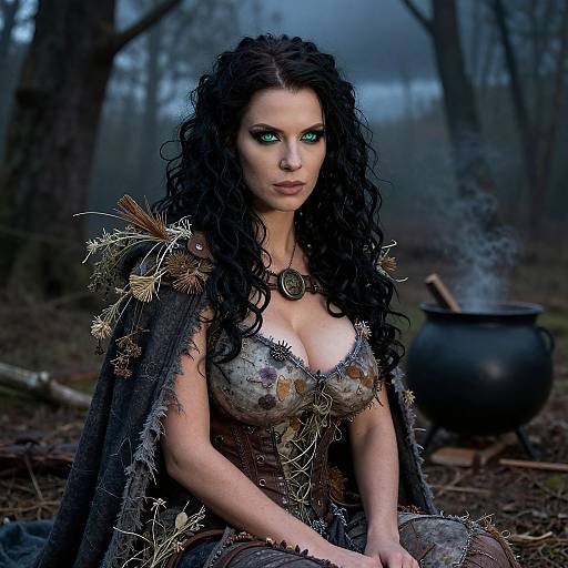 Realistic Witch Costume in Stormy Forest