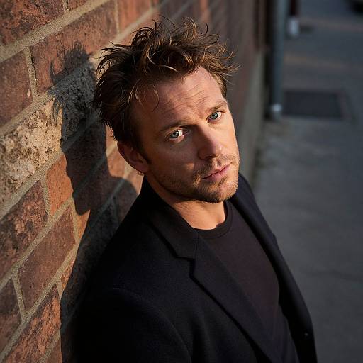 Photograph of a handsome, bearded man with tousled brown hair, green eyes, and fair skin, leaning against a brick wall in sunlight,